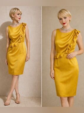 Antonio Melani Silk Ruffle Asymmetrical Mini Dress Mustard Yellow Chic Size 2